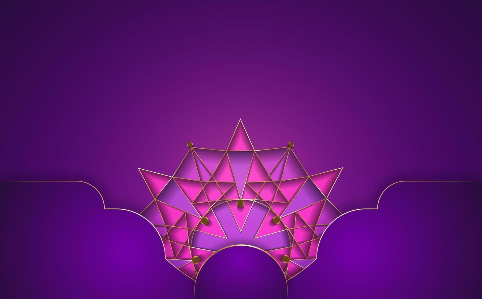 Luxury Sacred Mandala template. Geometric Flower design element isolated on purple background. Gold frame border pattern, copy space for text. illustration banner, decoration, business vector