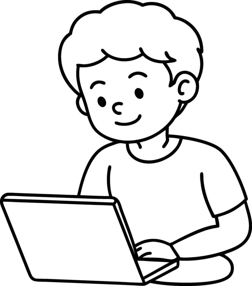 A boy use a Laptop line art illustration vector