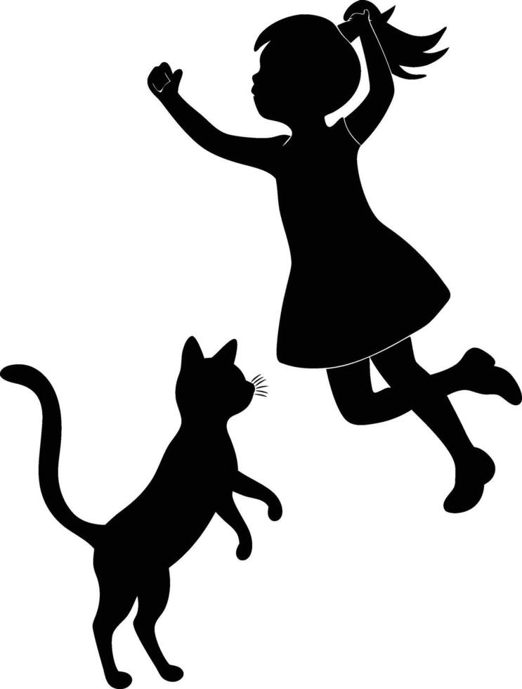 Playful Girl and Cat Jumping Silhouette vector