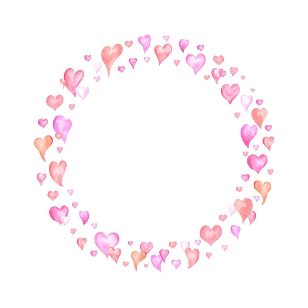 Watercolor delicate pink red hearts wreath. Romantic Valentine day round frame with empty space for text. Illustration for package decor, greeting cards, wedding invitation design vector