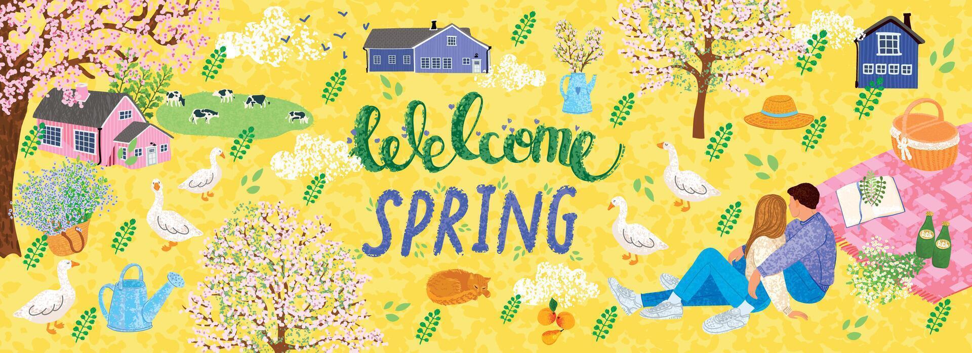 Spring Greeting Card with Illustration of Rural Scene, Couple in Love, Houses, Trees, Animals on Yellow, Background vector