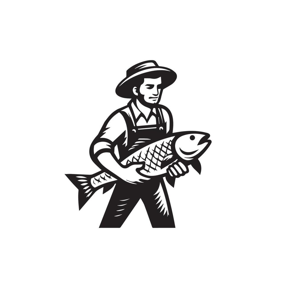 black and white image of a man with a fish vector