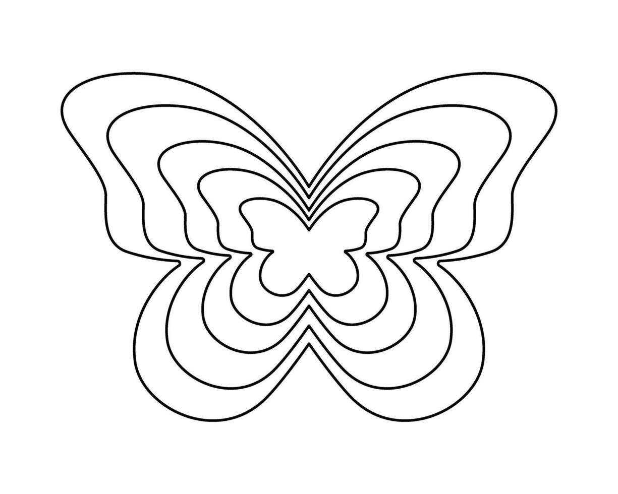 Concentric butterfly frames. Chameleon symbol with repeating silhouette. Design element in trendy y2k style isolated on white background. Summer sign. outline illustration vector