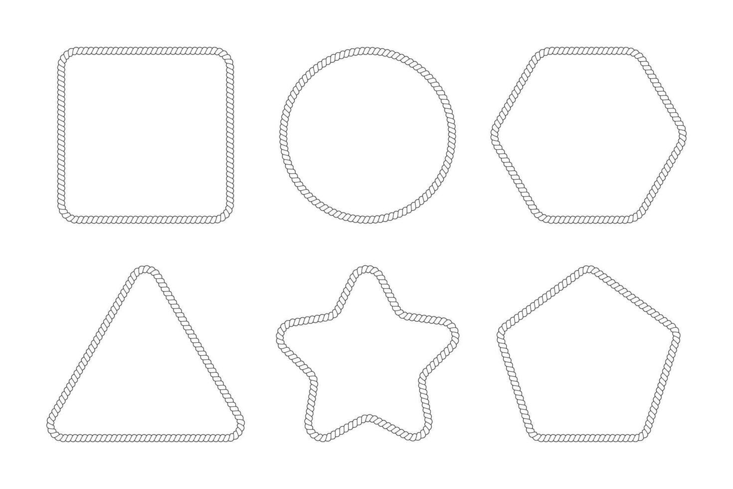Set of rope or cord frames. Square, circle and triangle, hexagon, pentagon and star shapes with thread or cable texture isolated on white background. flat illustration vector