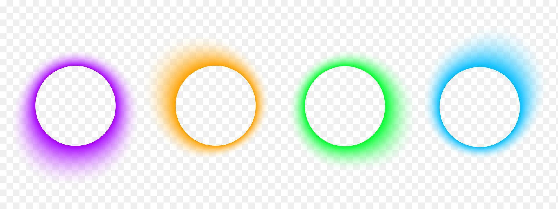 Set of blurry round frames. Circle shapes with purple, orange, blue and green neon gradient borders. Abstract design elements with empty space. illustration vector