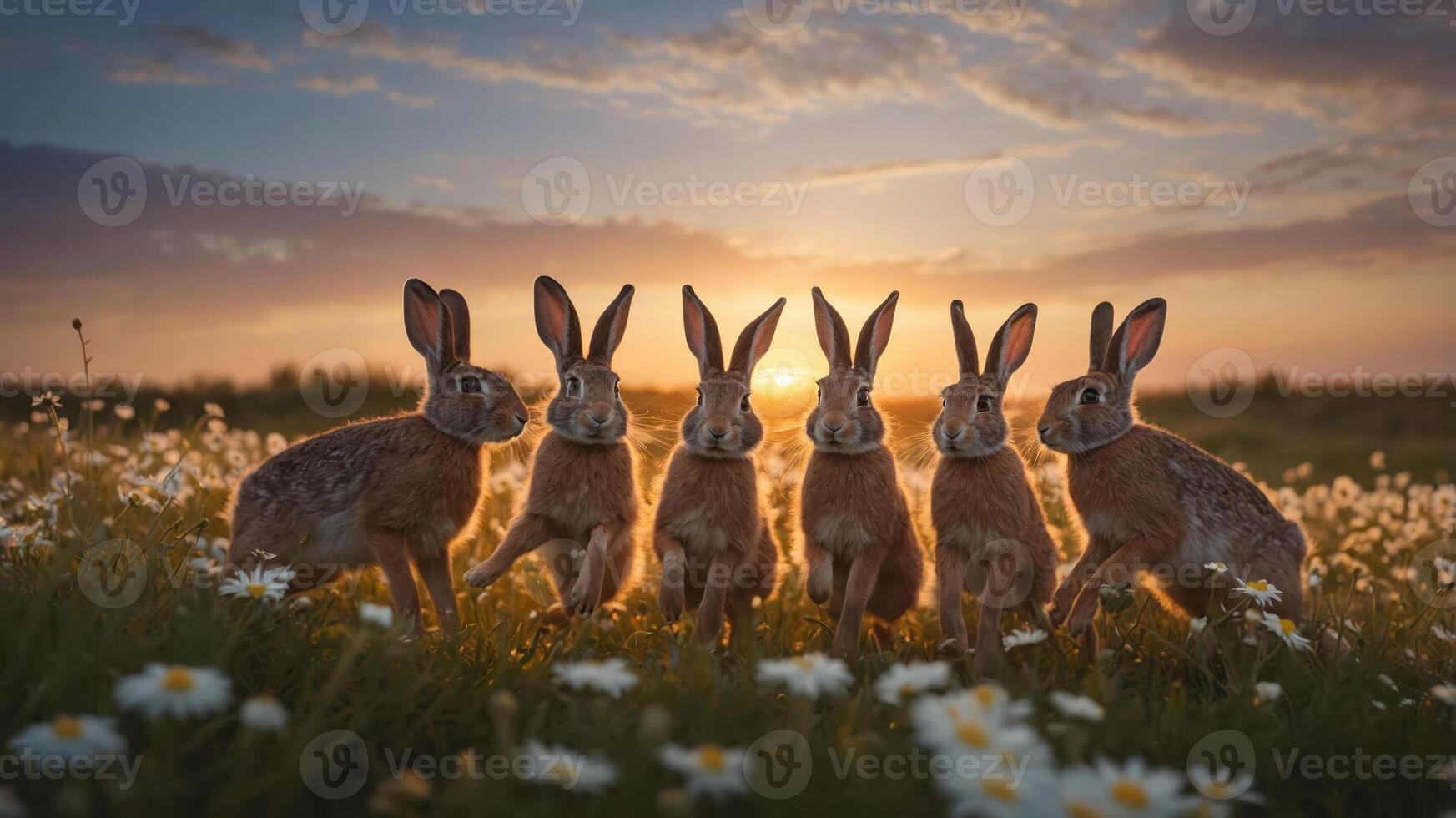 A group of six rabbits sitting together in a field of flowers during sunset. photo