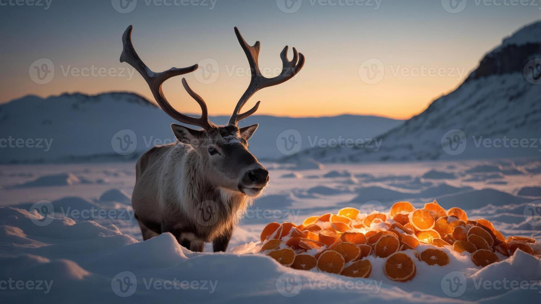 A reindeer stands near a glowing pile of oranges in a snowy landscape at sunset. photo