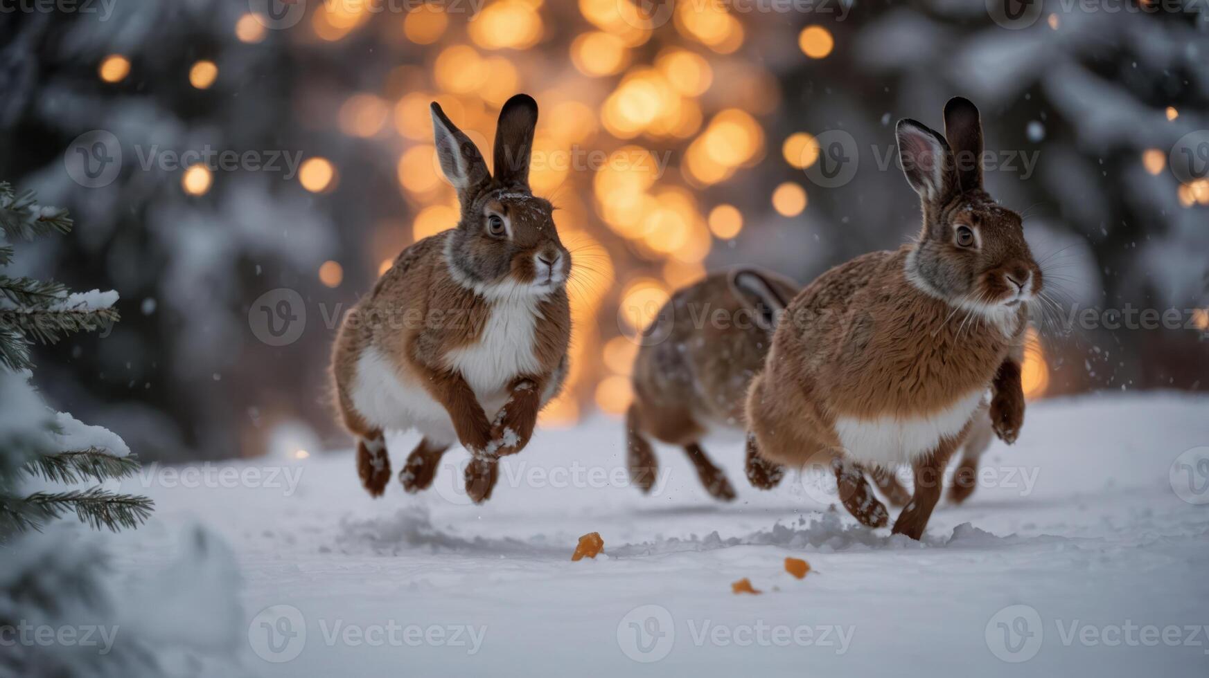 Three rabbits hopping through snow with a blurred festive background. photo