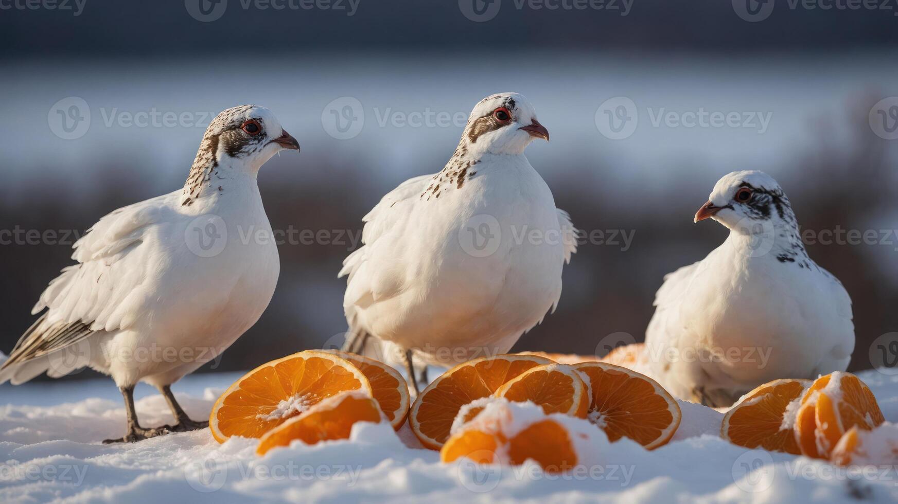 Three white birds gathered around oranges on a snowy surface. photo