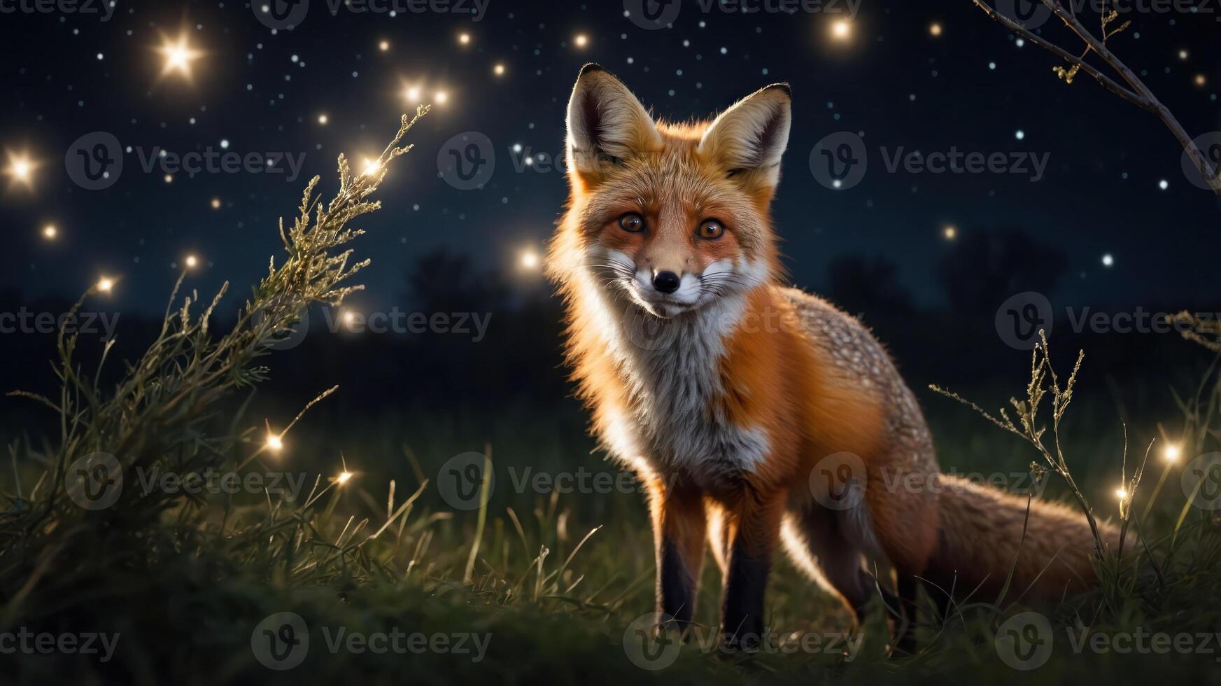 A fox stands in a starry night scene, surrounded by glowing lights in a grassy field. photo