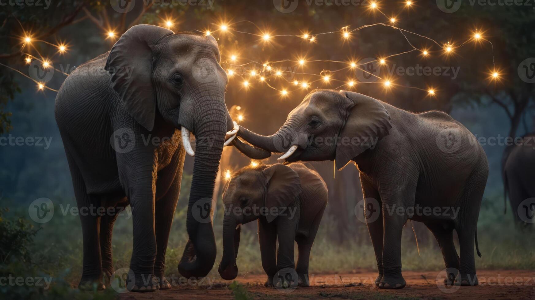 A serene scene of elephants surrounded by glowing lights in a natural setting. photo