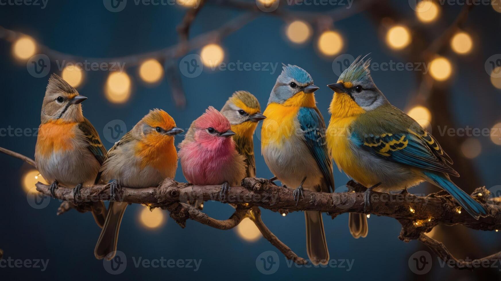A colorful gathering of birds perched on a branch with glowing lights in the background. photo