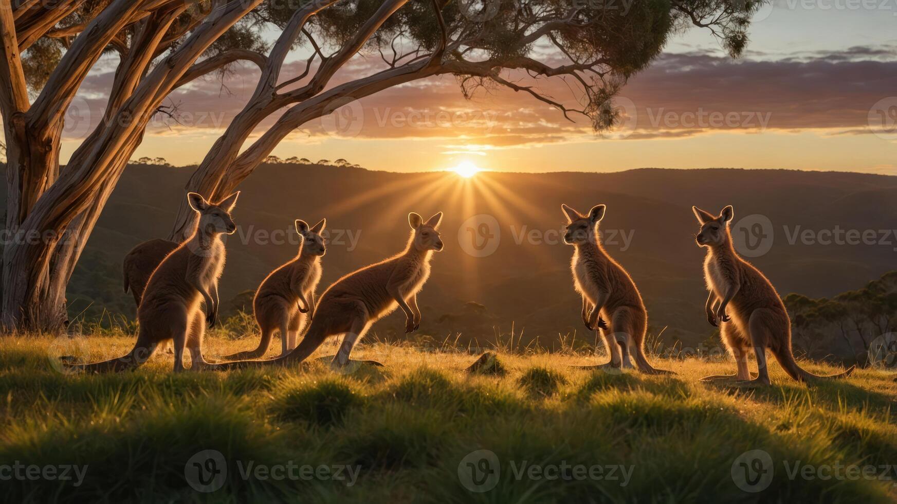 A serene sunset scene featuring kangaroos in a natural landscape. photo