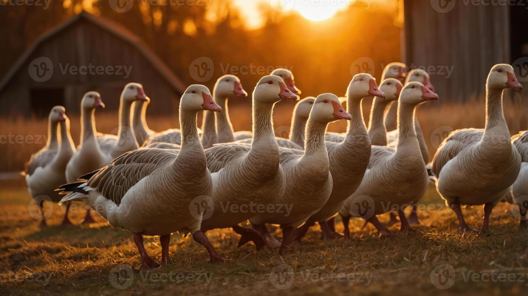 A flock of geese walking in golden light during sunset near a barn. photo