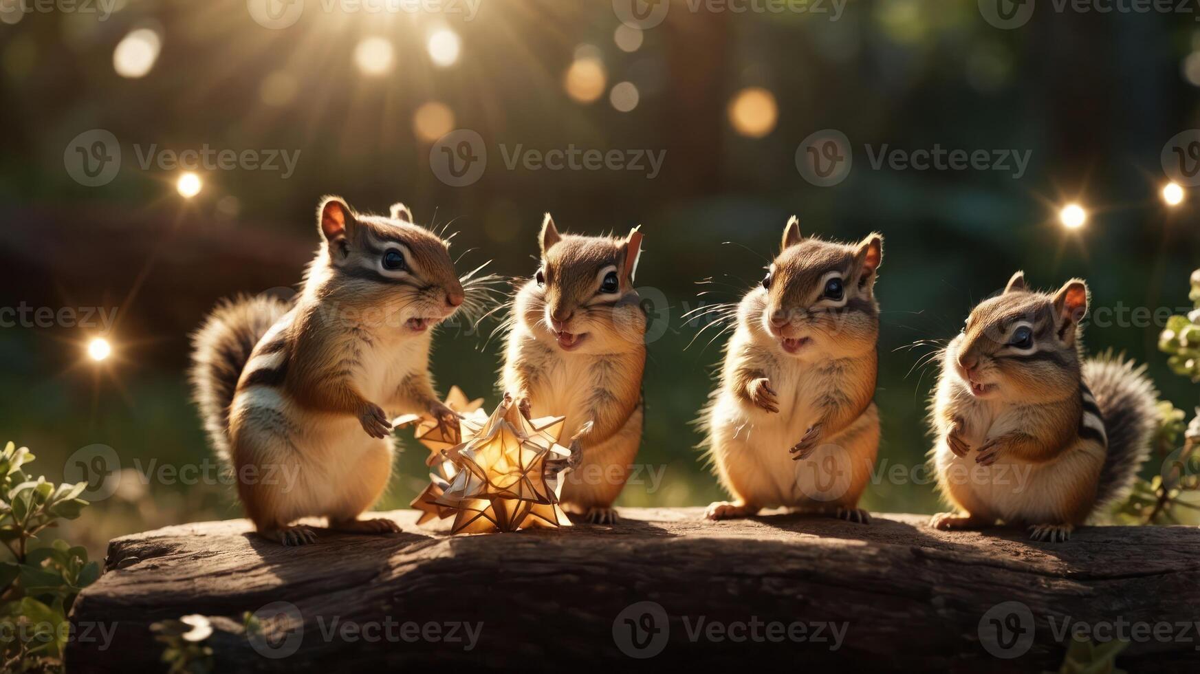 Four chipmunks gather around a sparkling star decoration in a forest setting. photo
