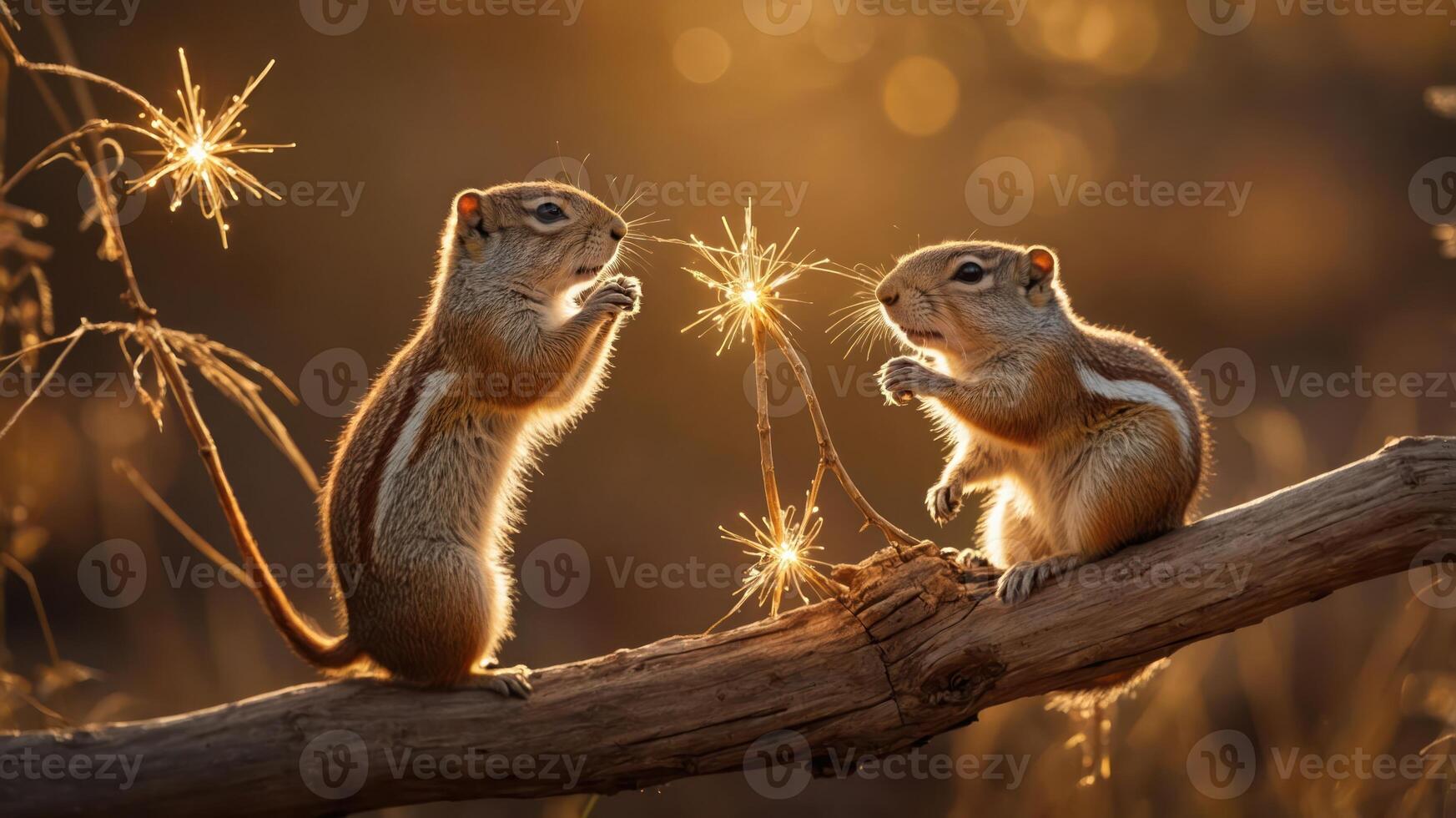 Two playful squirrels interacting with sparklers on a log during sunset. photo