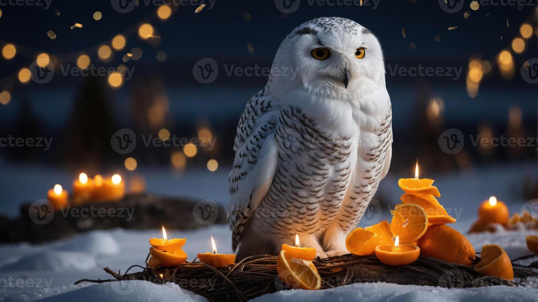 A snowy owl surrounded by oranges and candles in a serene winter setting. photo