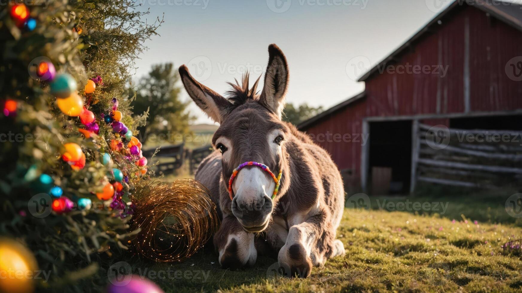 A playful donkey resting near a decorated Christmas tree and barn in a sunny field. photo
