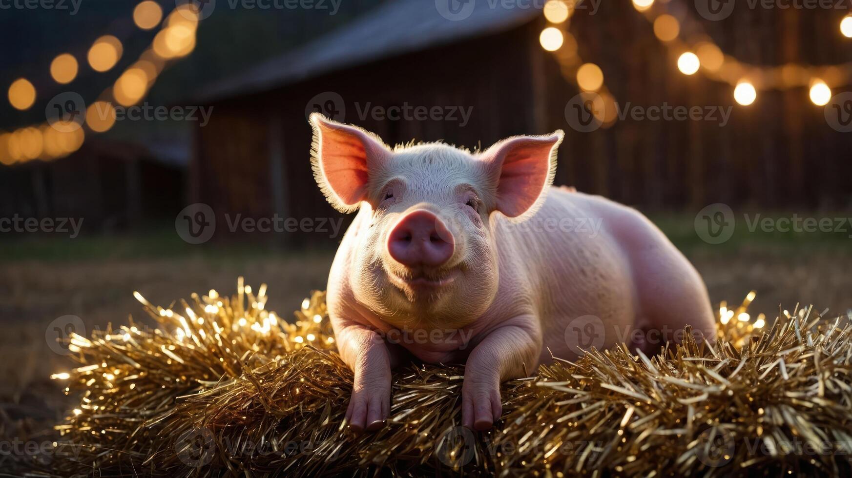A cute pig lounging on straw with festive lights in the background. photo
