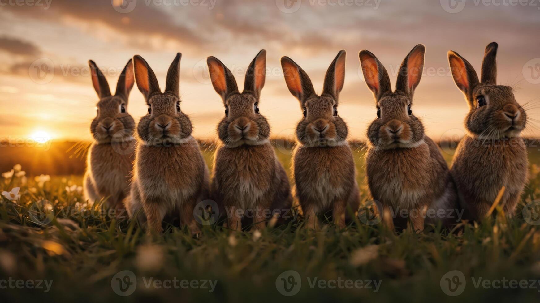 A group of six rabbits sitting in a field during sunset, creating a serene atmosphere. photo