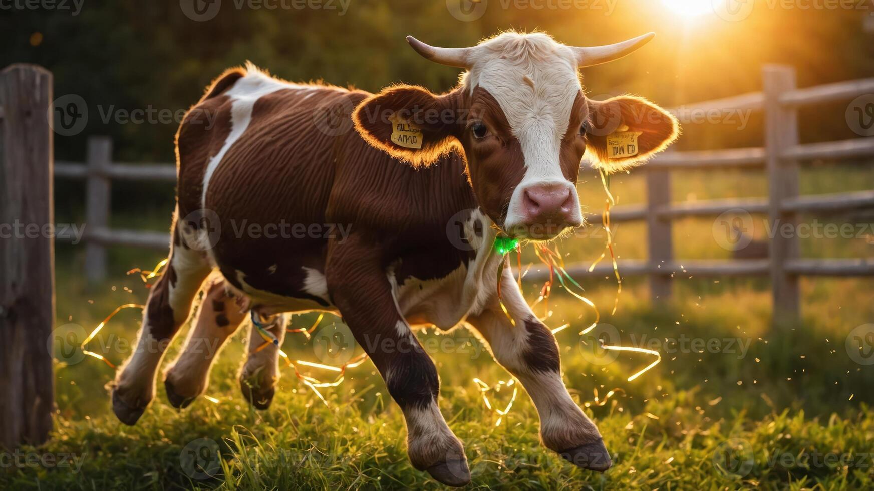 A playful calf leaps in a sunlit field, showcasing the beauty of rural life. photo