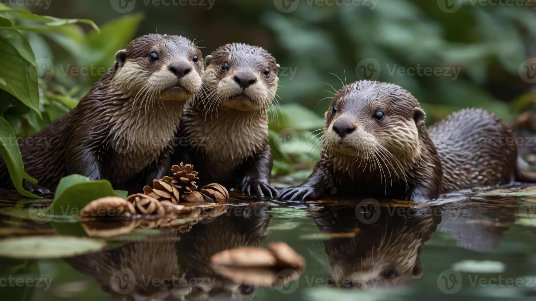 Three otters playfully resting by the water, surrounded by greenery and natural elements. photo