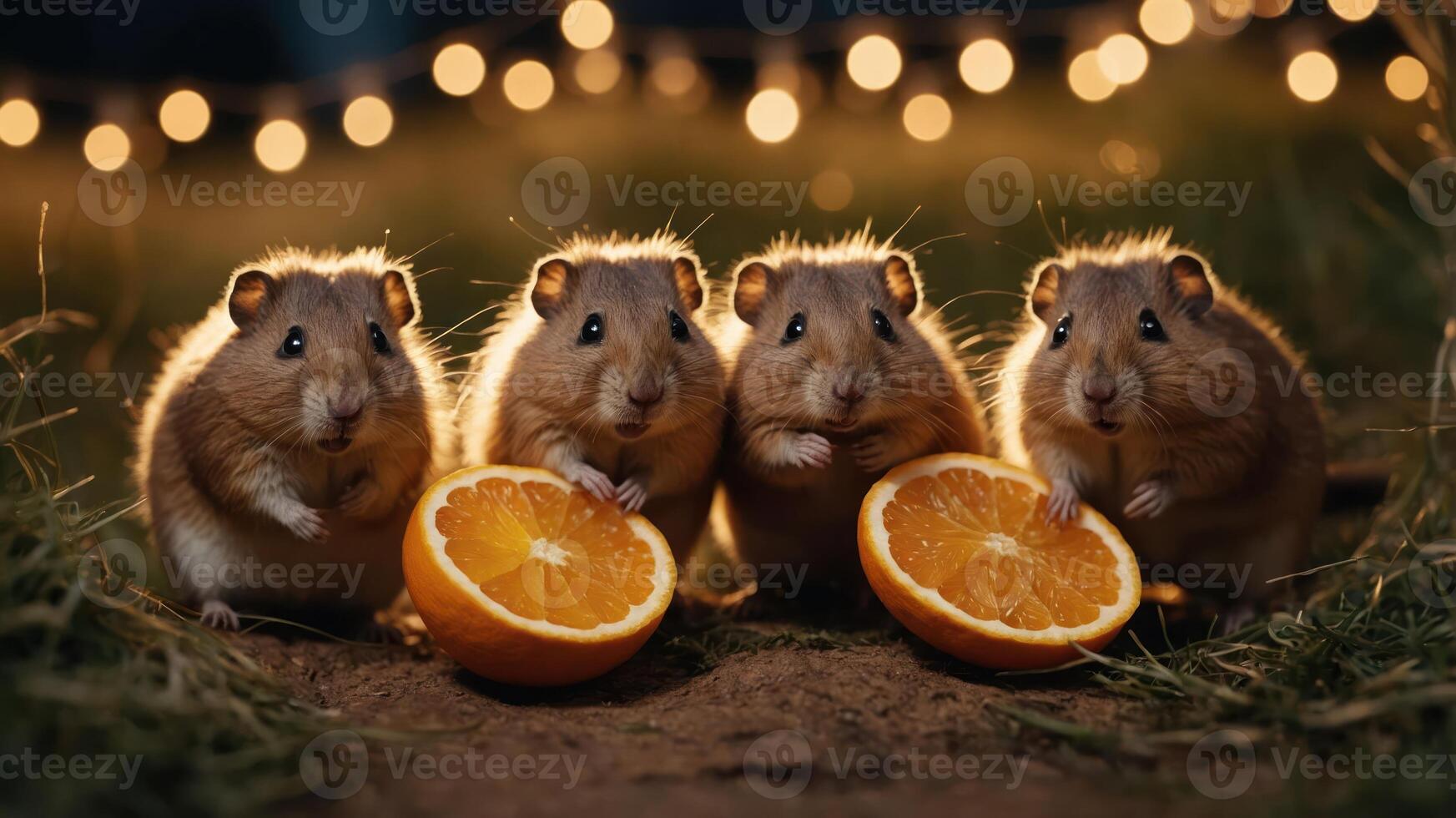 Four hamsters enjoying orange halves under soft lights in a grassy setting. photo
