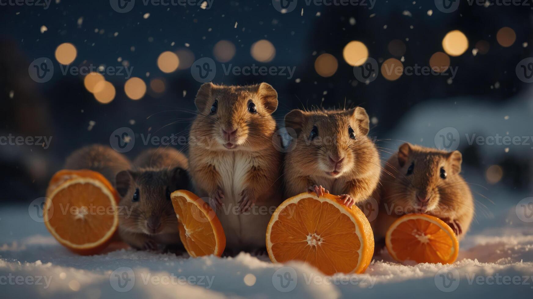 Four hamsters sitting on snow with orange slices, creating a cozy winter scene. photo