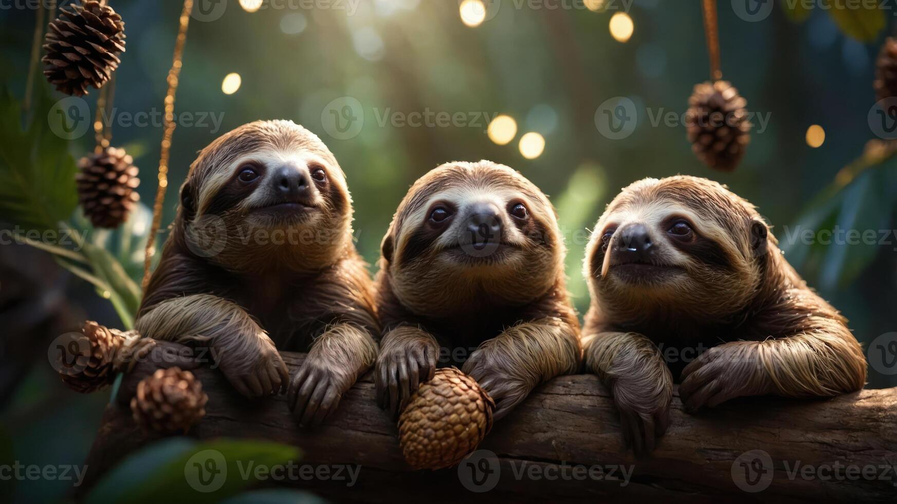 Three sloths sitting on a branch with pine cones in a lush, illuminated forest setting. photo
