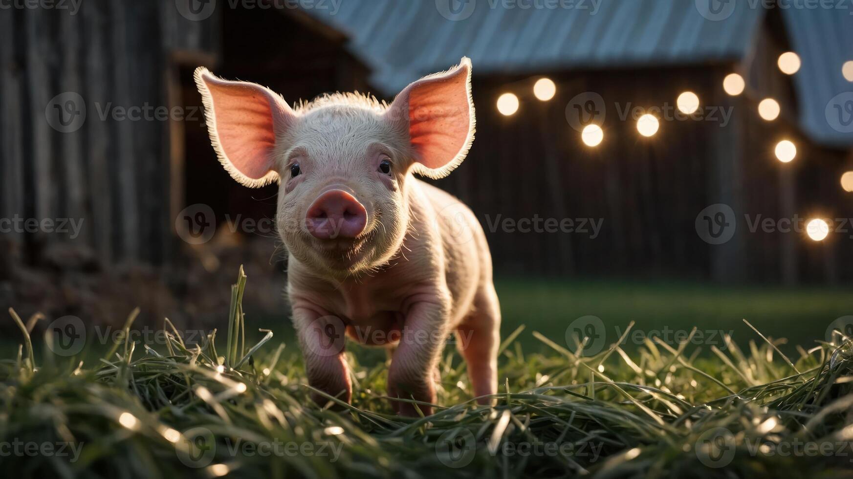 A playful piglet running through grass with a rustic barn backdrop and soft lights. photo