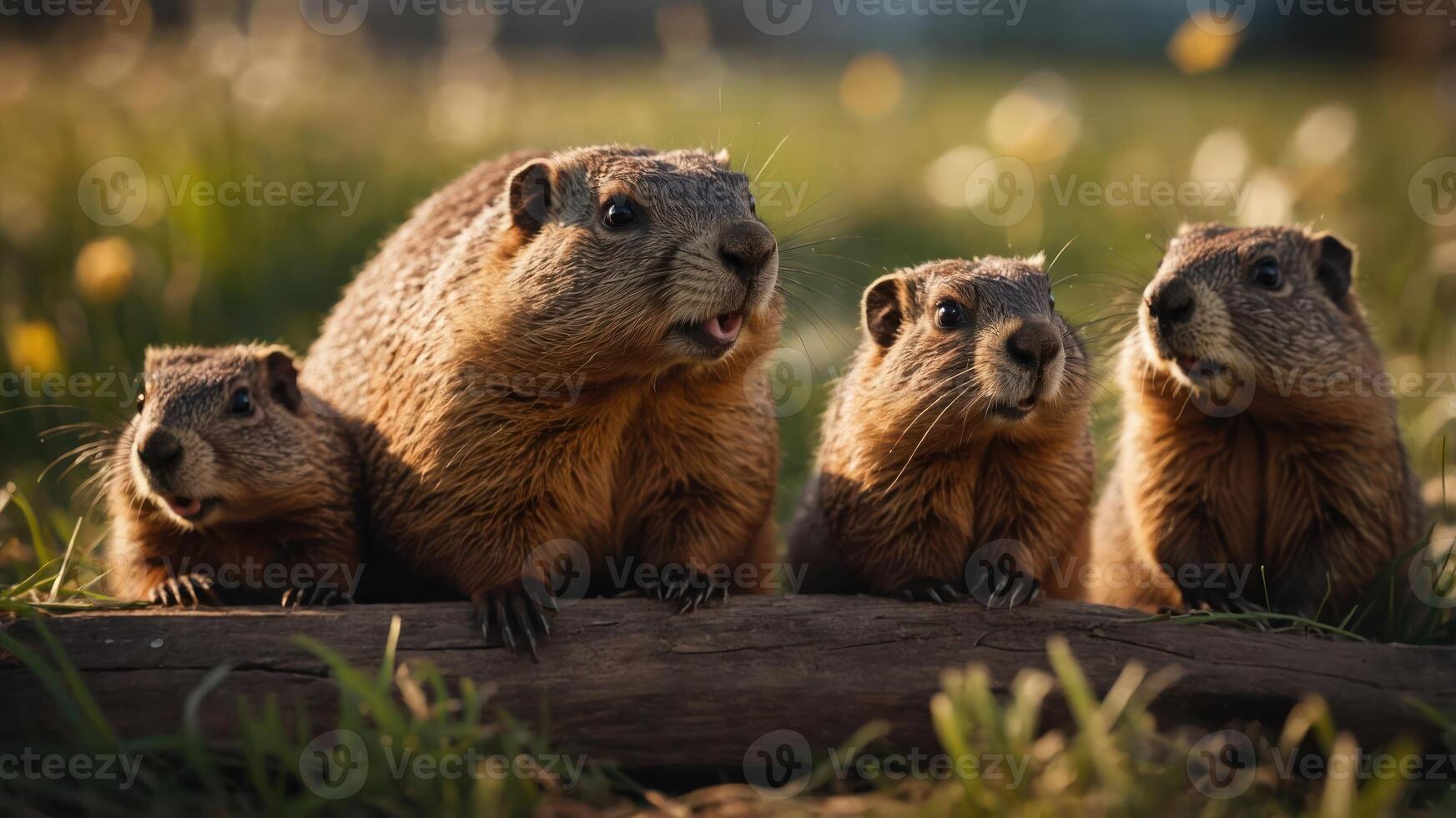 Four ground squirrels sitting on a log in a grassy field during golden hour. photo