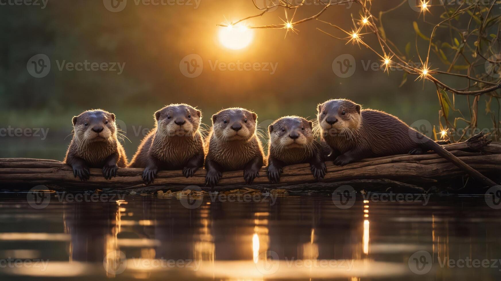Five otters lounging on a log at sunset, reflecting in calm water with fairy lights. photo