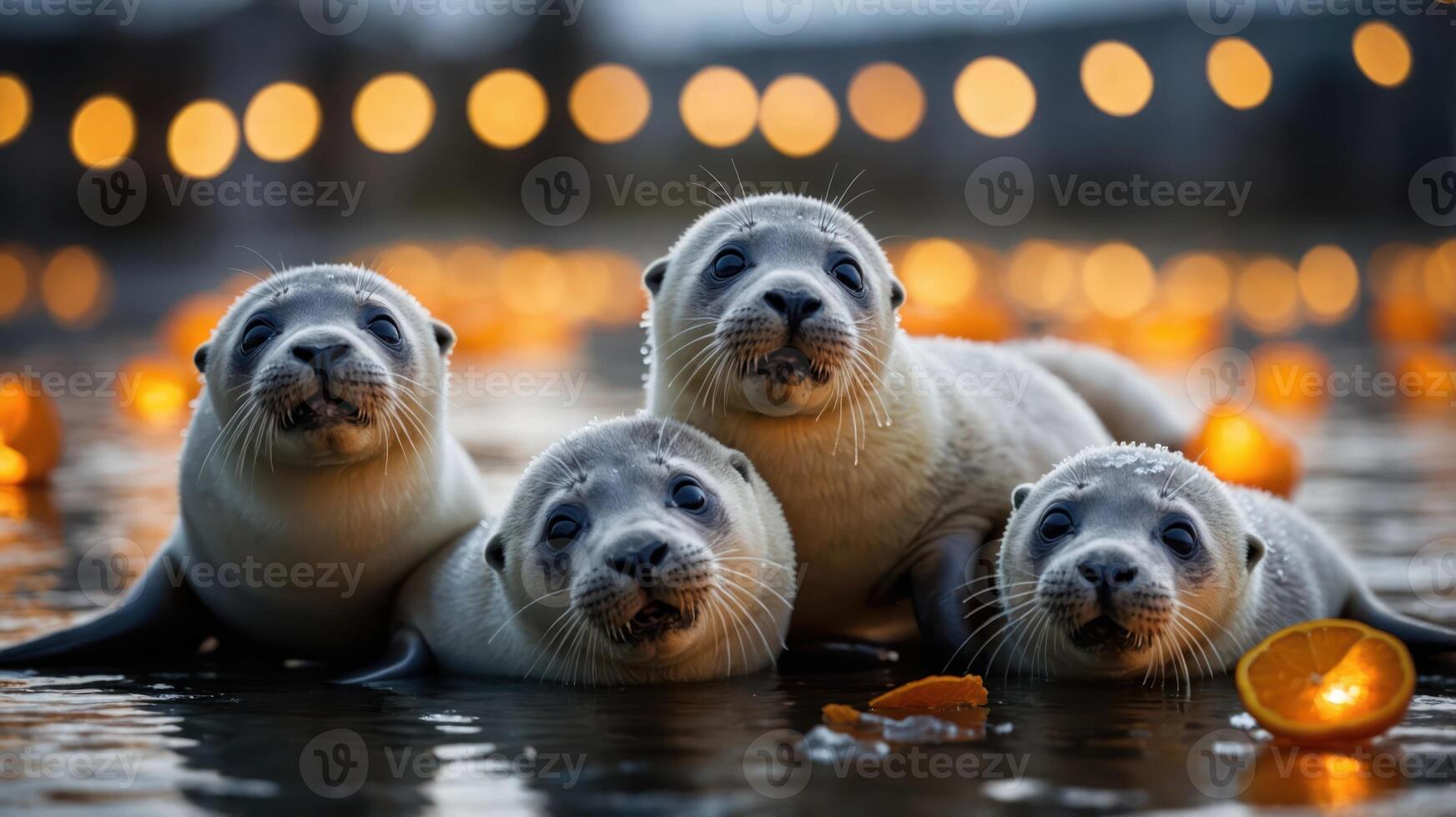 Four playful seals floating in water with orange peels and soft bokeh lights in the background. photo