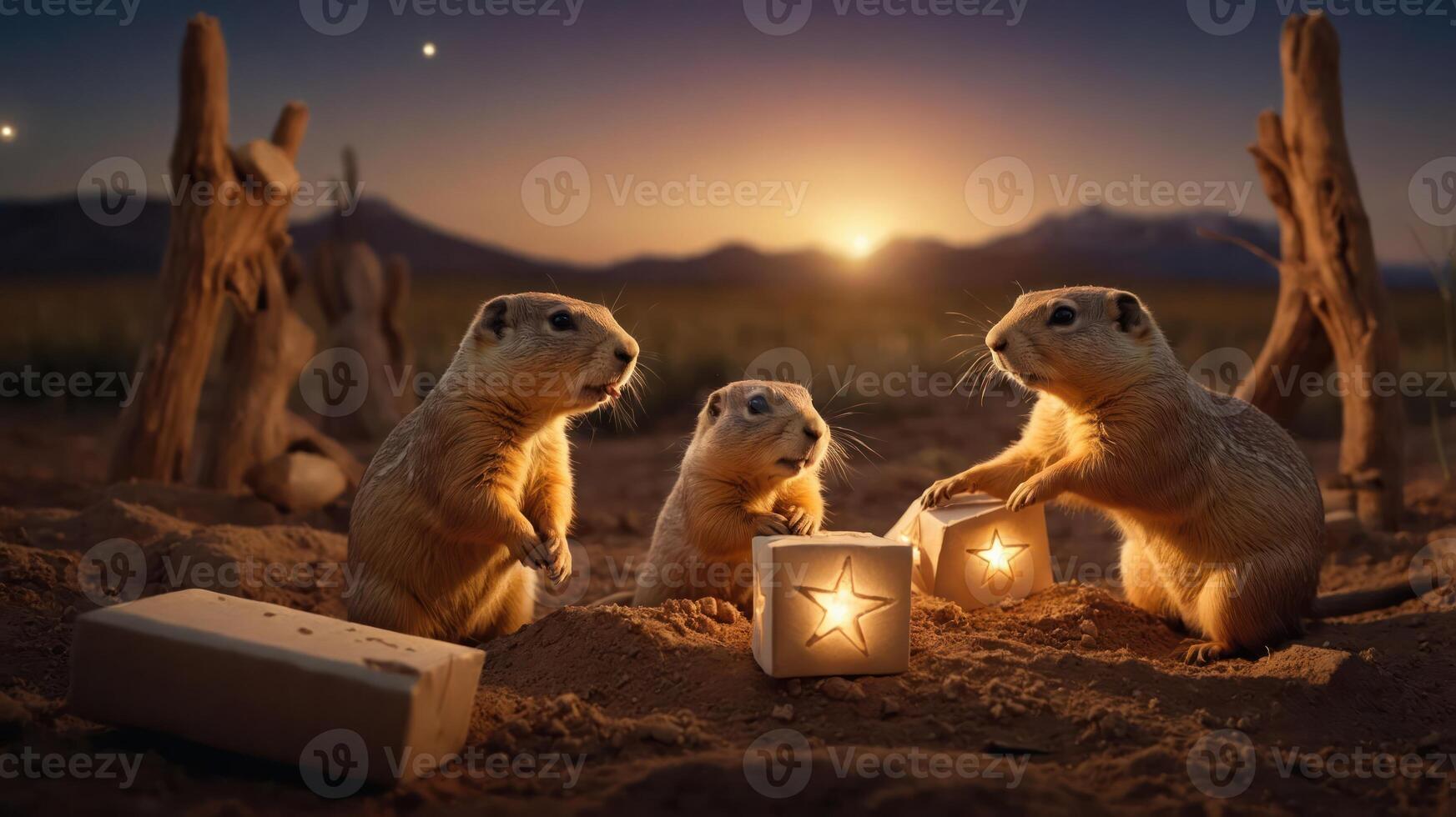 Three prairie dogs interacting with glowing lanterns at sunset in a desert landscape. photo
