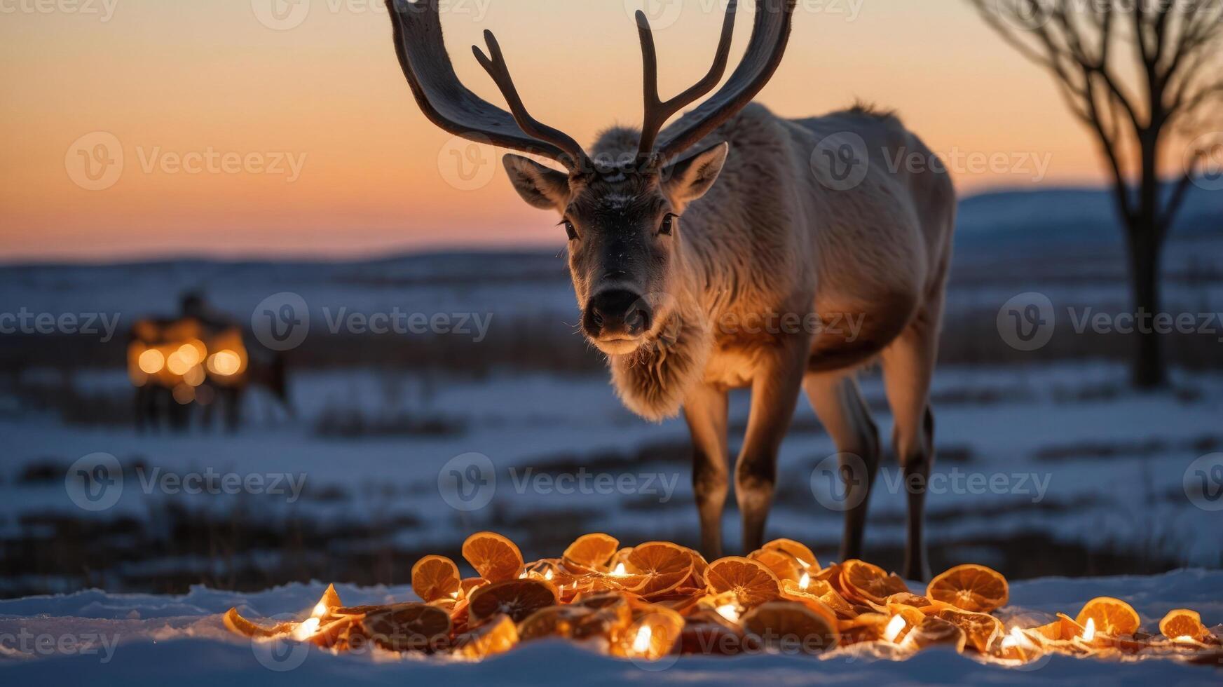 A reindeer stands near a pile of orange peels against a sunset backdrop in a snowy landscape. photo