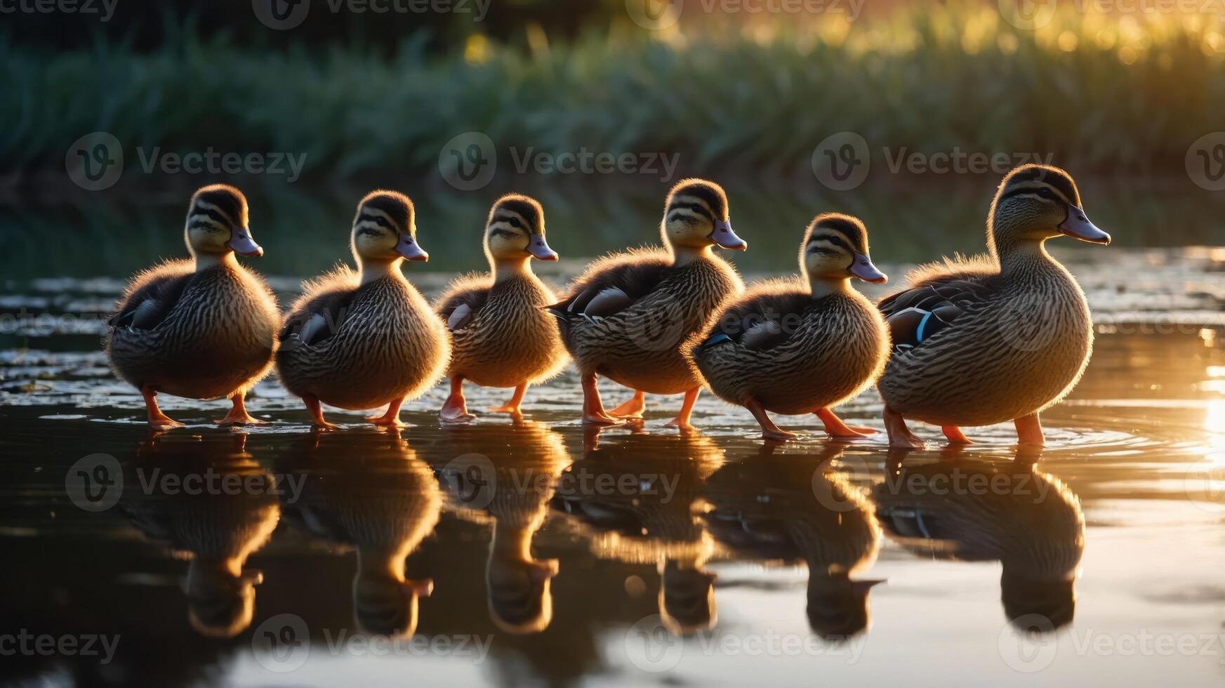 A line of ducks walking in water at sunset, creating a serene and picturesque scene. photo