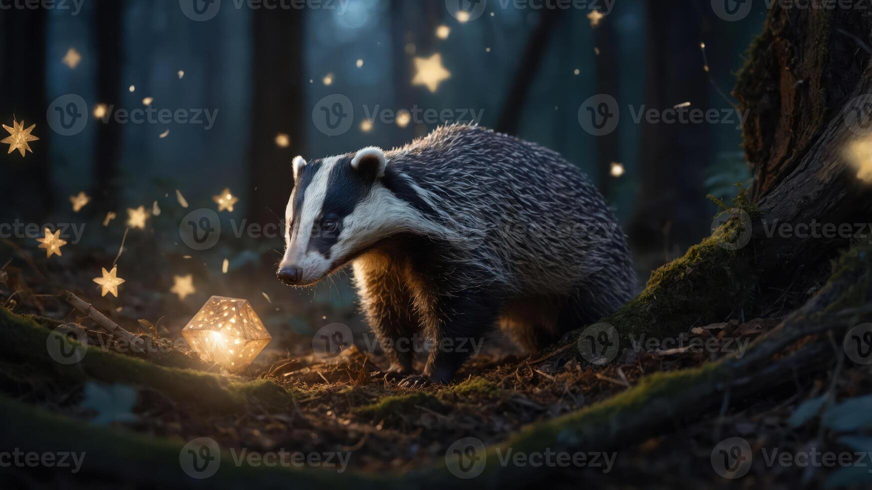 A badger in a mystical forest surrounded by glowing stars and a lantern. photo