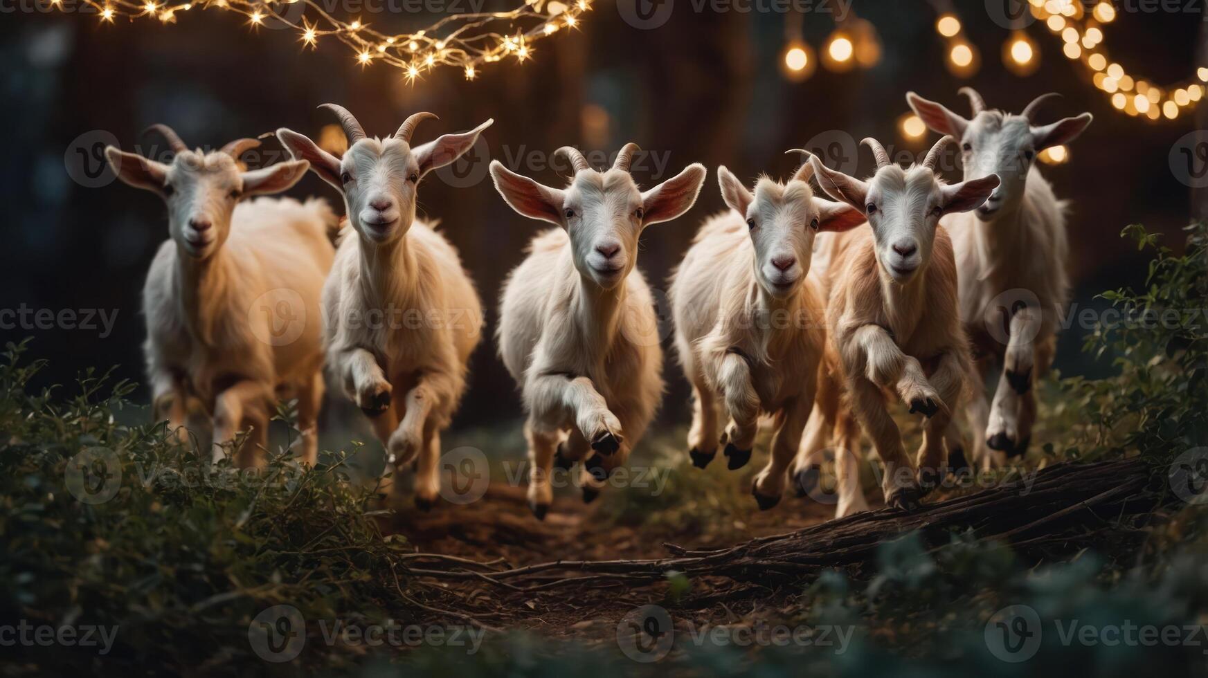 A group of playful goats running through a forest, illuminated by string lights. photo