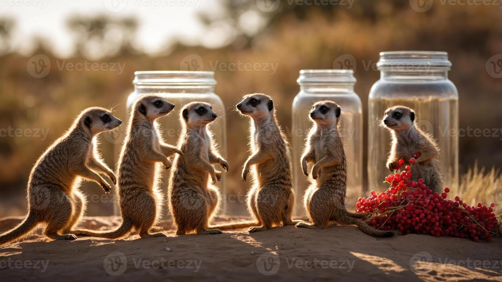 A group of meerkats near jars, with one surrounded by red berries in a natural setting. photo