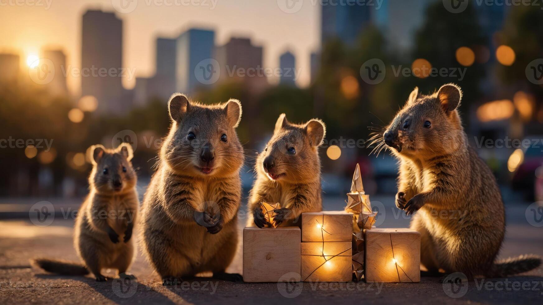 Four adorable quokkas gathered around glowing boxes at sunset in an urban setting. photo
