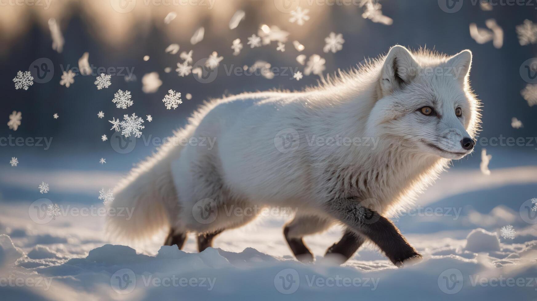A majestic white fox walks through a snowy landscape, surrounded by falling snowflakes. photo