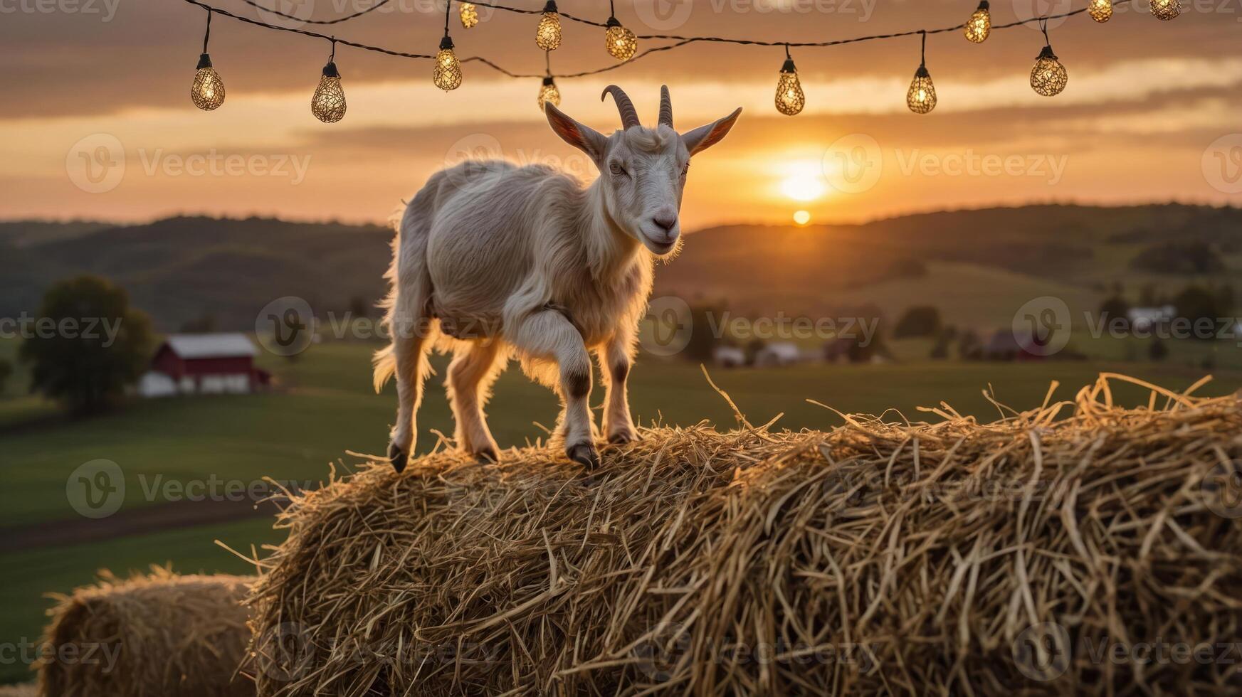 A goat standing on a hay bale at sunset, illuminated by string lights in a rural setting. photo