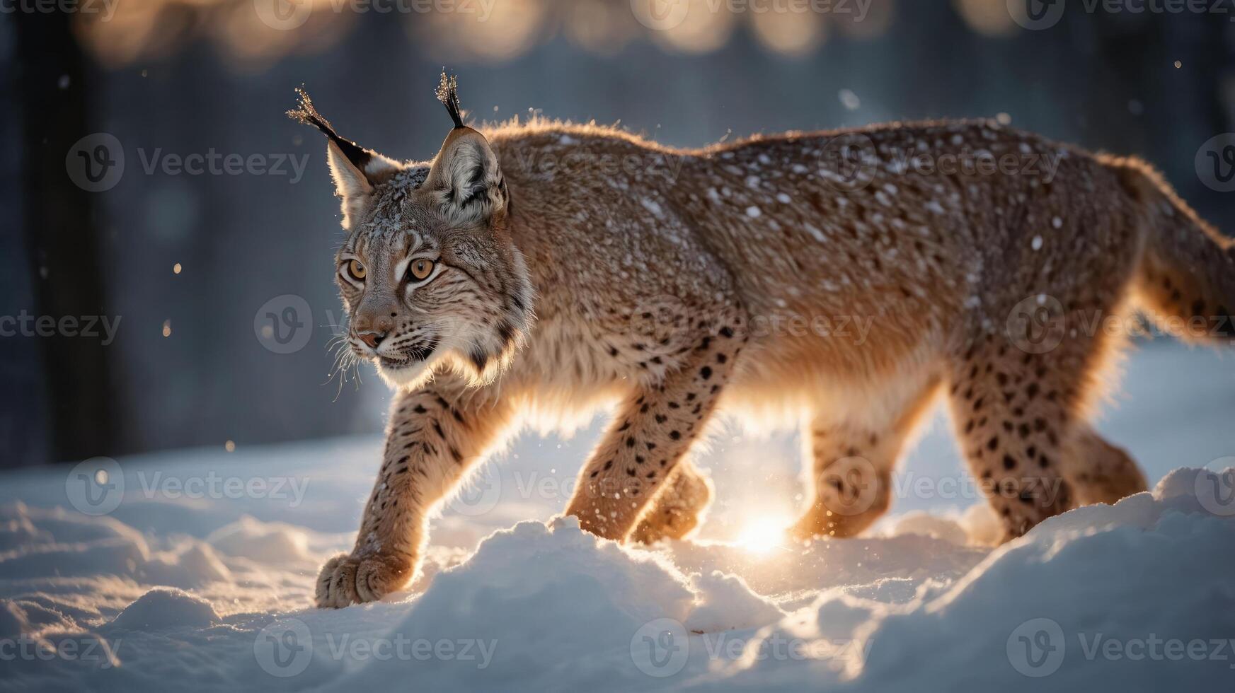 A lynx walks gracefully through a snowy landscape, illuminated by soft sunlight. photo