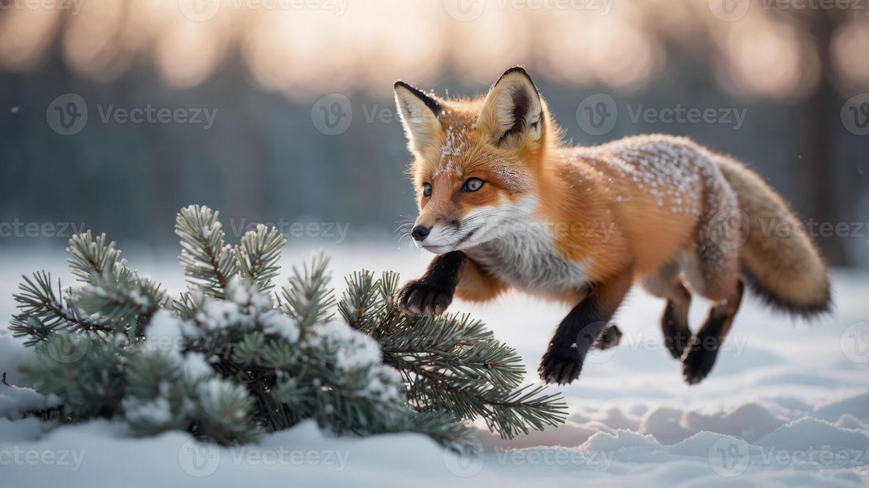 A red fox leaps through the snow, showcasing its agility in a winter landscape. photo