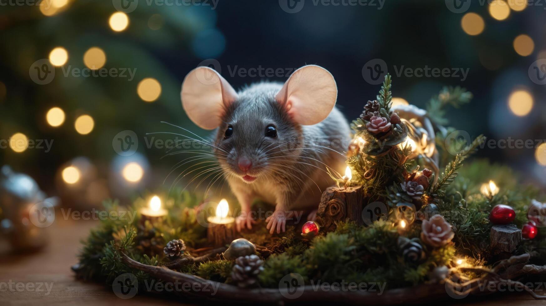 A cute mouse surrounded by candles and festive decorations in a cozy setting. photo
