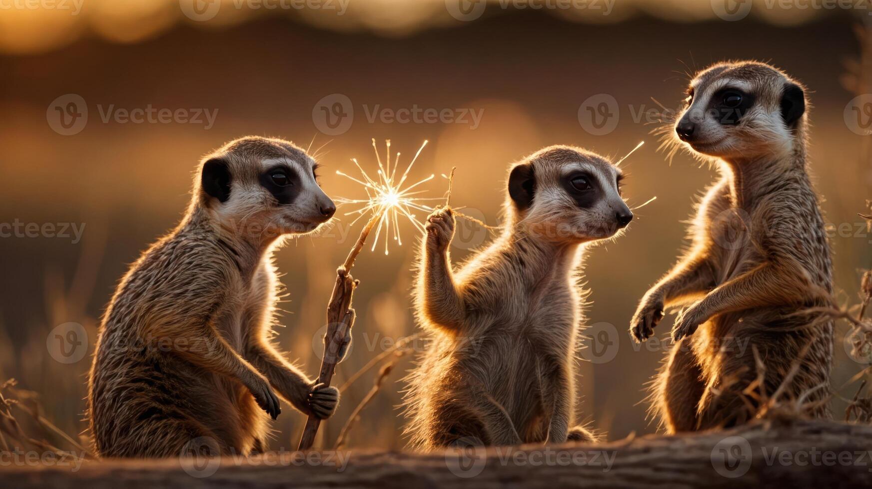 Three meerkats play with a sparkler during sunset in a natural setting. photo