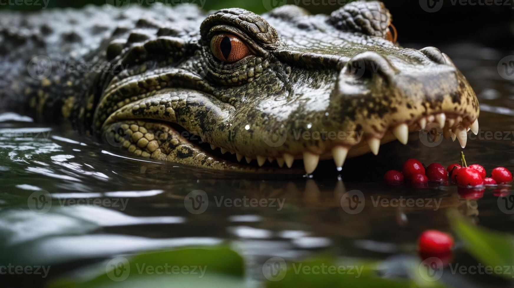 A close-up of a crocodile in water with red berries nearby, showcasing wildlife interaction. photo