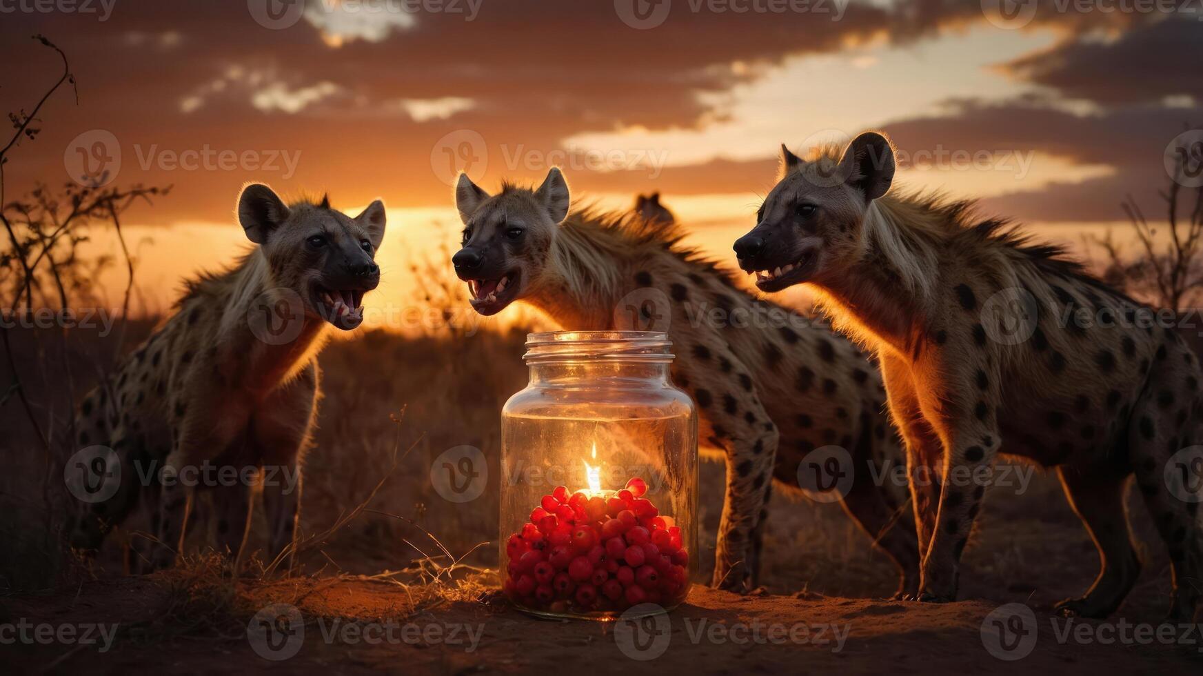 Three hyenas gather around a jar of red berries with a candle at sunset. photo