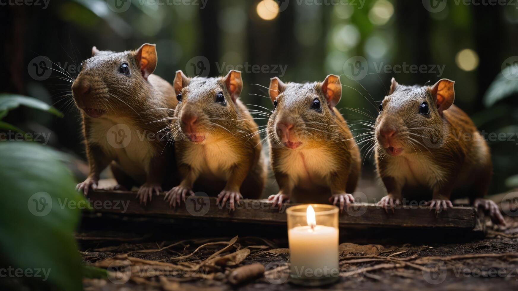 Four small rodents sit on a log in a forest, illuminated by a candle. photo