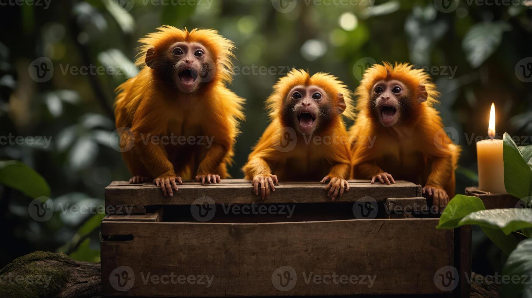Three playful monkeys with vibrant fur, expressing excitement in a lush jungle setting. photo